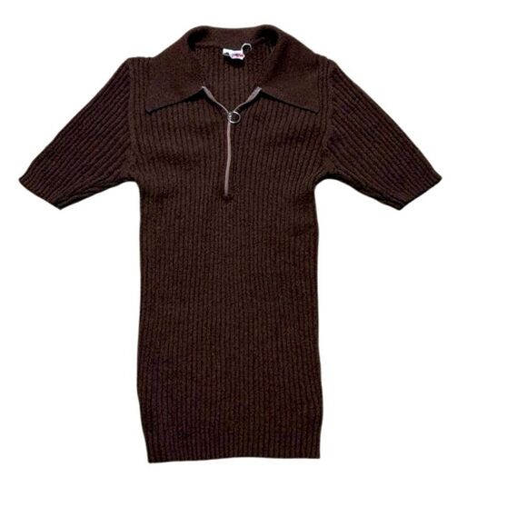 70s vintage Scrambler Knit Quarter Zip Wingerd Collar Ribbed Sweater Brown Med - Picture 1 of 7